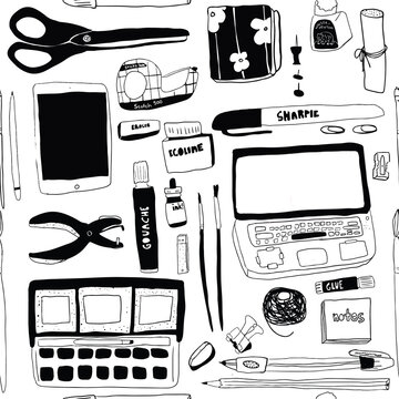 Quirky Line Art Supplies Seamless Repeat Vector Pattern