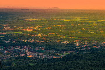 Panoramic nature background (mountains, sea, trees, twilight lights in the sky, waterfront communities), naturally blurred through the wind, seen on tourist spots or scenic spots
