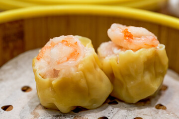 A Cantonese morning tea dim sum, steamed shrimp and siu mai