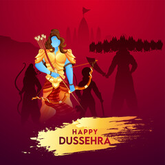 Hindu Mythology Lord Rama Holding Bow with Laxman, Hanuman and Demon Ravana on Red Background for Happy Dussehra Celebration.