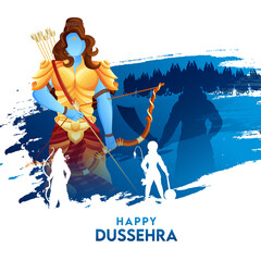Hindu Mythology Rama Holding Bow with Silhouette Laxman, Hanuman, Demon Ravana and Blue Brush Stroke on White Background for Happy Dussehra.