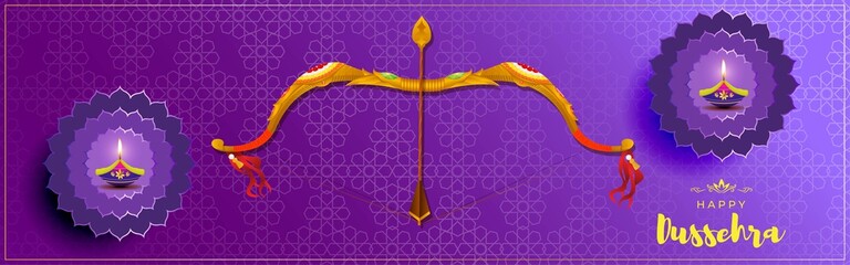 Vector illustration of Happy Dussehra greeting, Indian festival,  bow and arrow , oil lamp, beautiful geometrical  background.