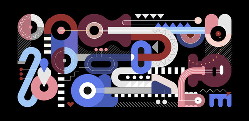 Geometric style vector illustration, colored flat design of different musical instruments isolated on a black background. Abstract art composition of electric guitar, acoustic guitars, trumpet and sax