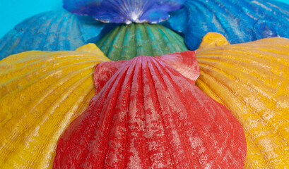 Marine layout. Seven shells painted in rainbow colors on a blue background.