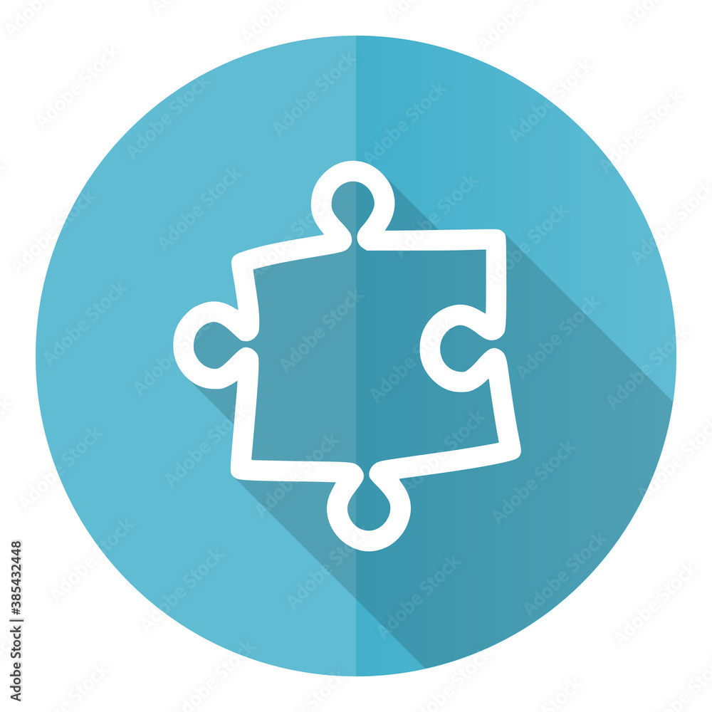 Aufkleber puzzle vector icon, flat design blue round web button isolated on white background