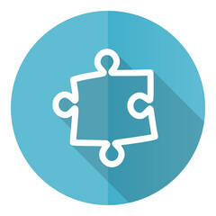 Puzzle vector icon, flat design blue round web button isolated on white background