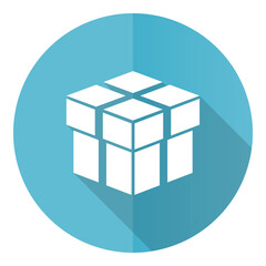 Box vector icon, flat design blue round web button isolated on white background