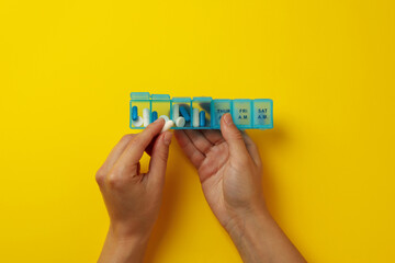 Female hands hold container with pills on yellow background