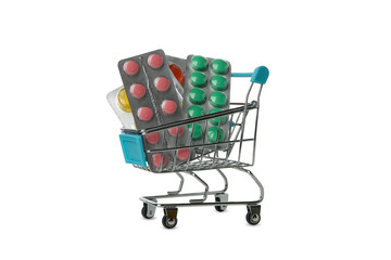 Shop cart with pills isolated on white background