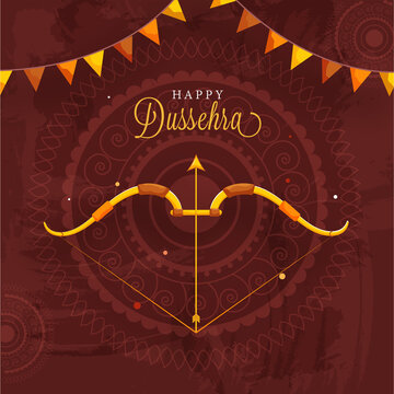 Happy Dussehra Celebration Poster Design with Bow Arrow Illustration and Bunting Flags on Brown Texture Mandala Pattern Background.