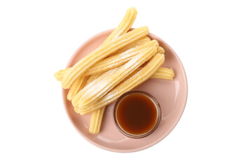 Plate with churros and sauce isolated on white background