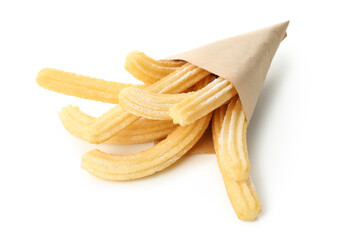 Tasty sweet churros isolated on white background