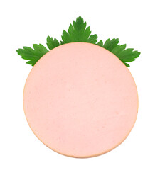 Boiled sausage slices with parsley isolated on white background. © Роман Фернаті