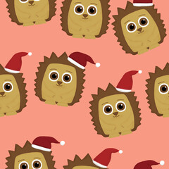 New Year seamless pattern with hedgehogs with Santa hats on a pink background