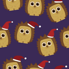 New Year seamless pattern with hedgehogs with Santa hats on a purple background