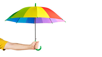 Hand holding Multicolored umbrella isolated on a white.