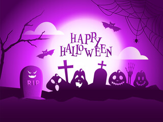 Full Moon Purple Background with Graveyard View and Jack-O-Lanterns for Happy Halloween Celebration.
