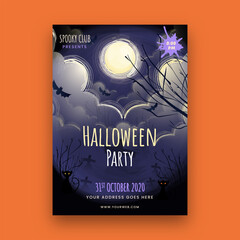 Halloween Party Flyer or Template, Invitation Design with Full Moon Graveyard View.