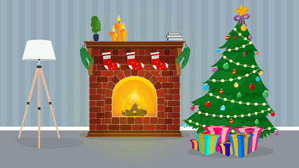 Festive interior of Christmas room on eve happy new year. Christmas tree, decorative wreath, holiday gifts, burning fireplace, snowy winter outside window. Vector illustration, greeting card template.