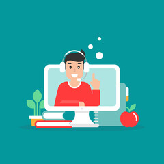 Man freelancer on computer screen with books, headset and air balloons.