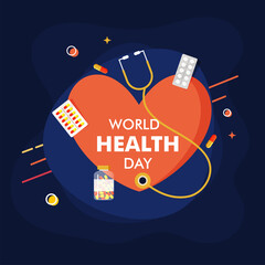 World Health Day Concept with Heart Checkup From Stethoscope and Medicines on Blue Background.