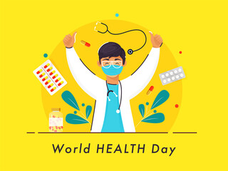 Illustration of Doctor Boy Showing Thumbs Up with Medicines and Leaves on Yellow Background for World Health Day Concept.