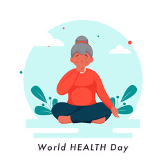 World Health Day Concept with Illustration of Woman Doing Alternate Nostril Breathing on Light Blue and White Background.