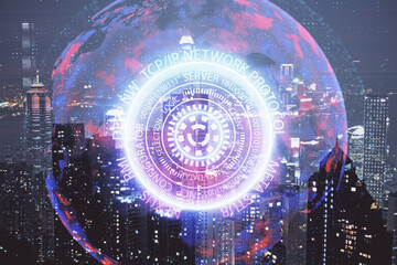 Double exposure of technology theme hologram and cityscape background. Concept of Hightech.