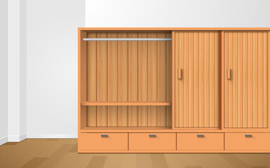 wooden wardrobe and wooden showcase in the white room