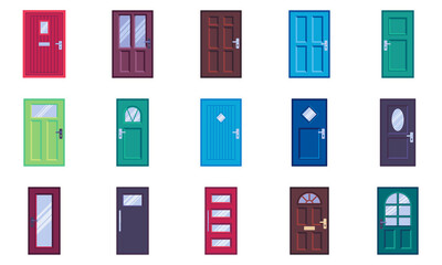Doors types collection, flat icons set, Colorful symbols pack contains - front door with glass, handle and post slot. Vector illustration. Flat style design