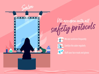 We Are Open Salon With All Safety Protocols Concept Based Poster or Banner Design in Pink Color for Advertising.