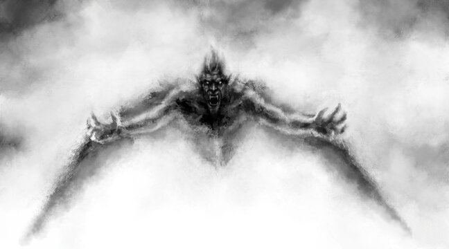 Illustration of scary flying vampire with wings. Black and white horror genre picture. Spooky face of beast from nightmares. Fantasy drawing for creepy Halloween. Grunge, coal and noise effects.