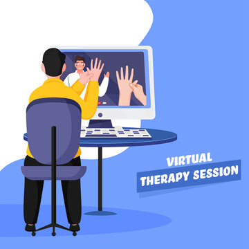 Back View Of Man Learning Virtual Therapy Sessions Of Acupressure From Computer During Coronavirus Pandemic.