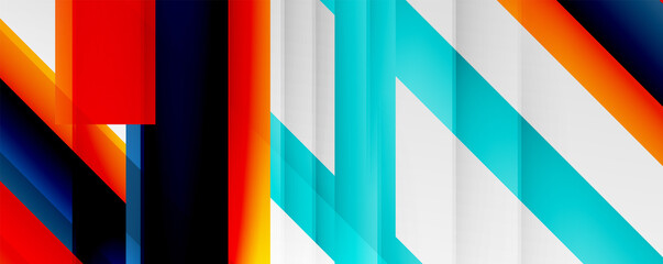 Geometric abstract backgrounds with shadow lines, modern forms, rectangles, squares and fluid gradients. Bright colorful stripes cool backdrops