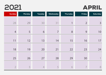 April 2021. Calendar planner design template. Week starts on Sunday.	