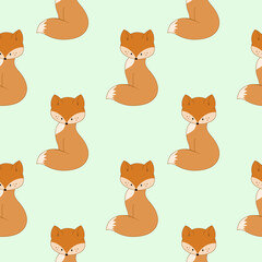 Cute cartoon Fox pattern on green background. Seamless endless background for print, cover, wrapping paper, tailoring. Children's vector illustration.