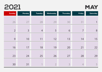May 2021. Calendar planner design template. Week starts on Sunday