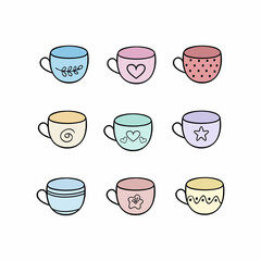 Obraz premium Set of multi-colored tea mugs. Collection of Doodle glasses for kitchen, cafe, restaurant. Vector cartoon Doodle illustration with dishes.