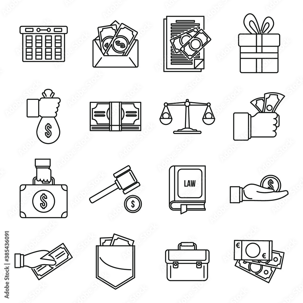 Poster corruption bribery icons set. outline set of corruption bribery vector icons for web design isolated