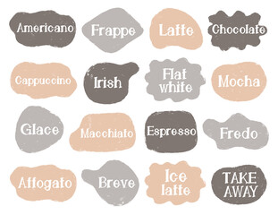 Speech text lable type coffee set. Collection design name designation.