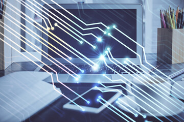 Fototapeta premium Double exposure of desktop with personal computer on background and tech theme drawing. Concept of data analysis.