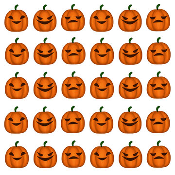 Halloween pumpkins with different emotions on a white background. Pattern for Halloween. 