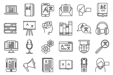 Linguist speak icons set. Outline set of linguist speak vector icons for web design isolated on white background - obrazy, fototapety, plakaty