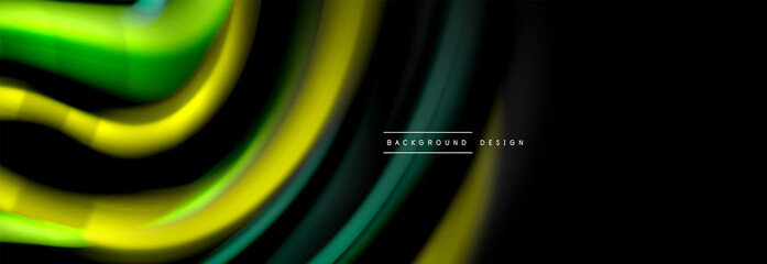Dynamic motion abstract background. Color blurred stripes on black. Wave liquid lines poster. Vector illustration