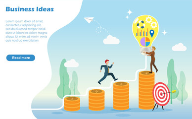 Businessman holding creative idea in light bulb at top of gold coins growth graph. Idea for startup inspiration, business partnership, strategic solution, research and development concept.  