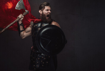 Fototapeta na wymiar Warlike and muscular greek fighter with beard and red cloak posing screaming and holding axe and shield in dark background.