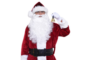 Senior man wearing a traditional Sant Claus costume holding a a gold bell ringing in Christmas.