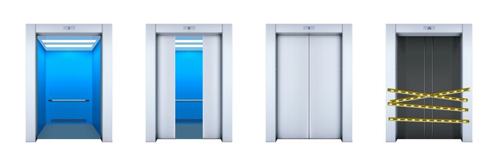 Realistic office lifts set. Collection of realism style drawn modern passenger or cargo elevators with closed opened half closed broken metallic doors with digits above. Stainless cabins illustration