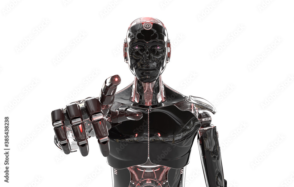 Aufkleber black and red intelligent robot cyborg pointing finger on white 3d rendering