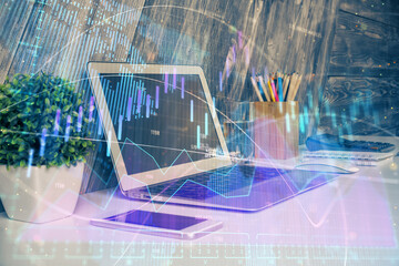 Multi exposure of forex chart and work space with computer. Concept of international online trading.